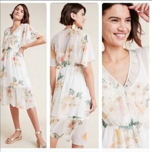 Farm Rio X Anthropologie Eloisa White Floral Sheer Dress Size Small